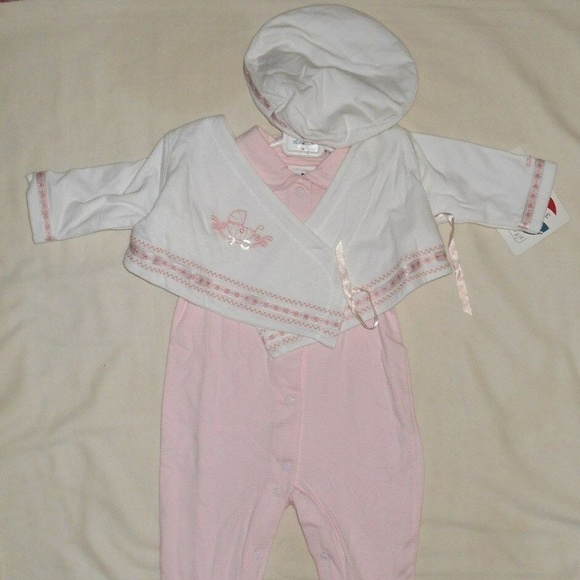 3 Pc Set Pink Outfit 1 Sleeper 1 Wrap Jacket 1 Hat - Picture 4 of 7